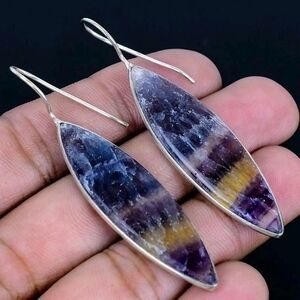 Fluorite Gemstone 925 Sterling Silver Handmade Earrings